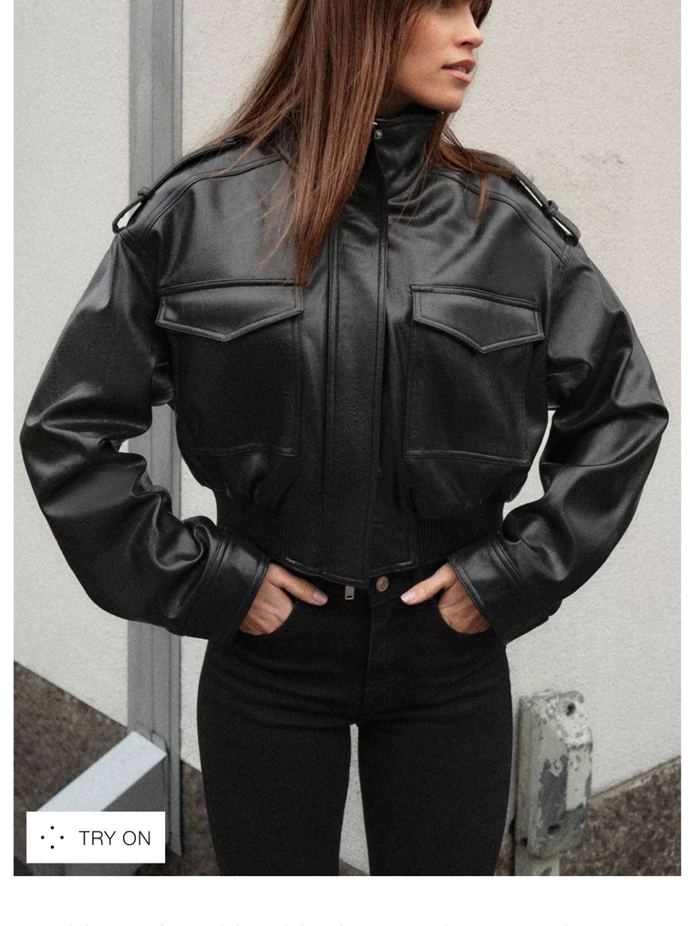 Zara Black Cropped Leather Bomber Jacket